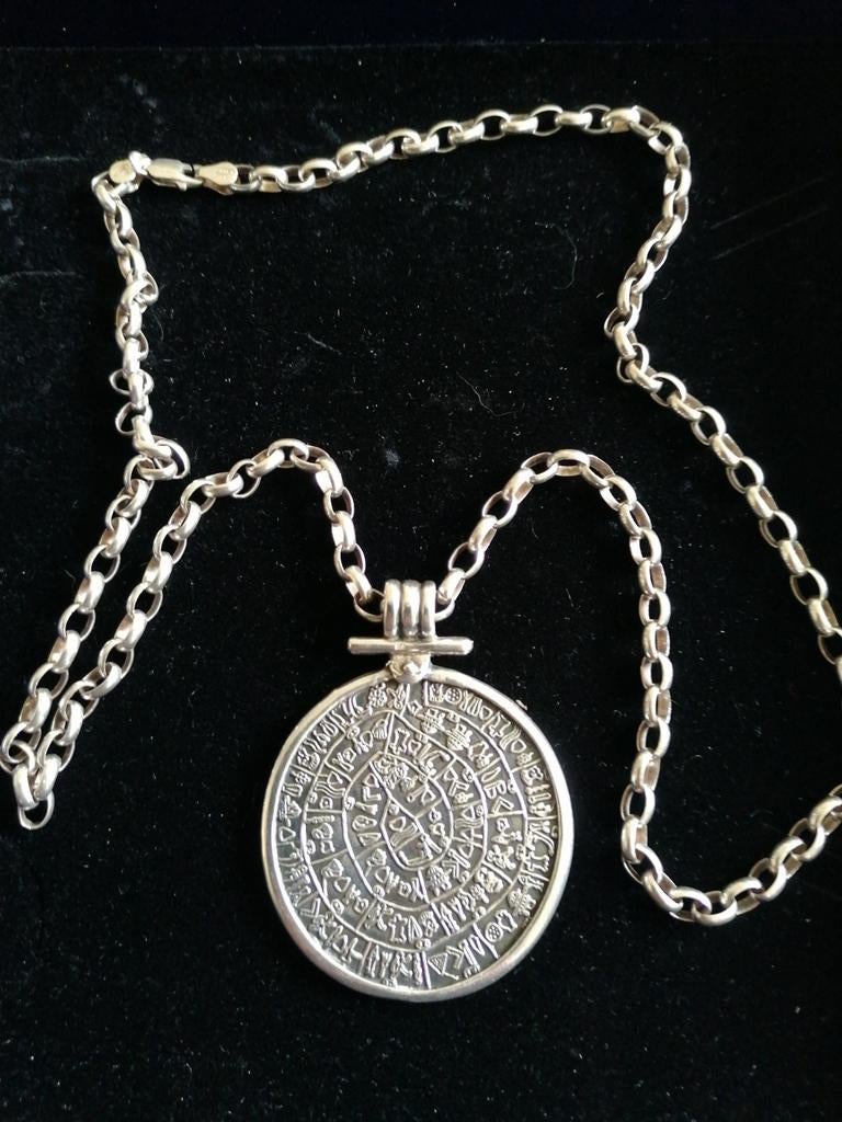 Zilveren Vintage Azteekse Kalender Ketting - 35 cm, 41.91 gr, Ophalen, Met hanger, Gebruikt, Zilver