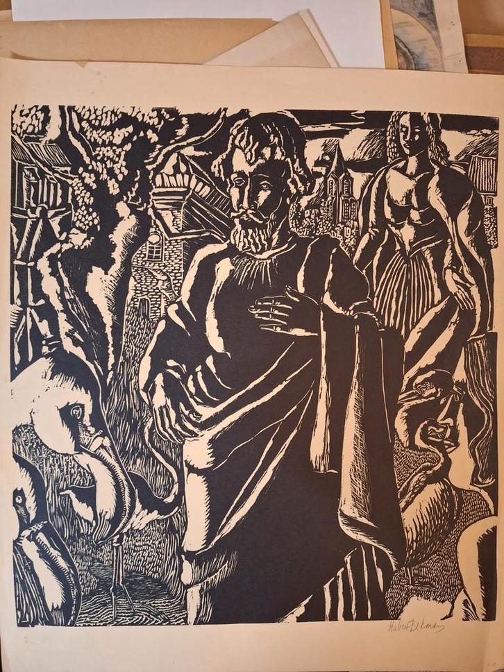 Abstracte Houtsnede met flamingo s Hub Bekman, Antiek en Kunst, Kunst | Etsen en Gravures, Ophalen of Verzenden