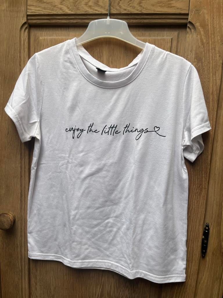 Wit T-shirt met 'enjoy the little things' opdruk, Kleding | Dames, T-shirts, Wit, Ophalen of Verzenden, Zo goed als nieuw, Korte mouw