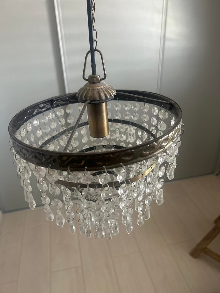 Vintage Kroonluchter met Kristallen Hangers, Huis en Inrichting, Lampen | Kroonluchters, Ophalen, Gebruikt, Metaal