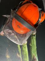 Oranje veiligheidshelm met gehoorbescherming en vizier, Ophalen of Verzenden, Met vizier, Gebruikt