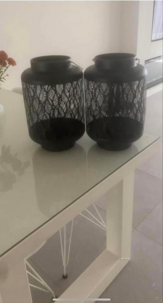 Set van 2 zwarte metalen kandelaars, windlichten, 50 tot 75 cm, Zwart, Ophalen of Verzenden, Zo goed als nieuw