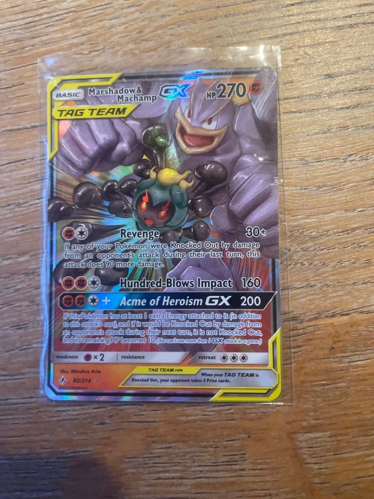 Marshadow & Machamp GX Tag Team Pokémon Kaart (2019), Ophalen of Verzenden, Zo goed als nieuw, Losse kaart, Foil