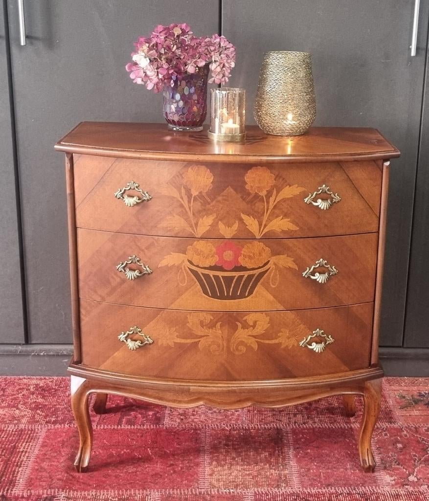 Ladenkastje kersenfineer met inlegwerk rode bloem, Huis en Inrichting, Kasten | Ladekasten, Gebruikt, Minder dan 100 cm, 50 tot 100 cm