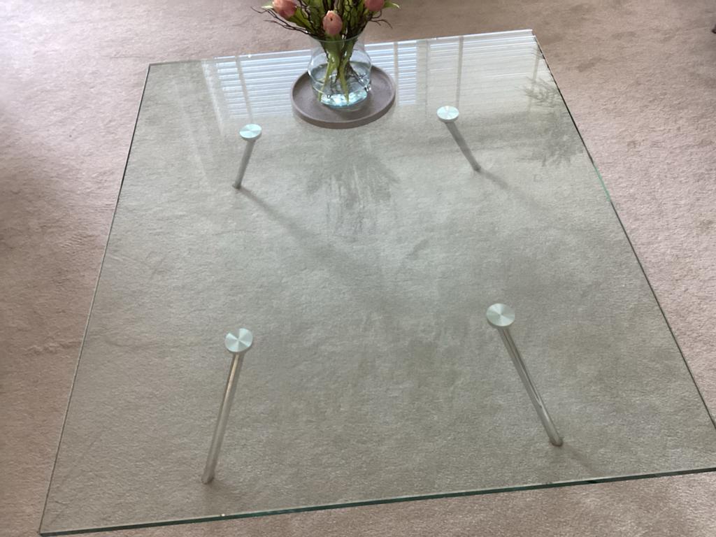 Maupertuus design salontafel glas en metaal, Ophalen, 100 tot 150 cm, Minder dan 50 cm, Rechthoekig