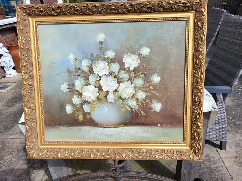 Schilderij van Cox: Witte Rozen in Vaas, Klassiek Stilleven, Ophalen of Verzenden