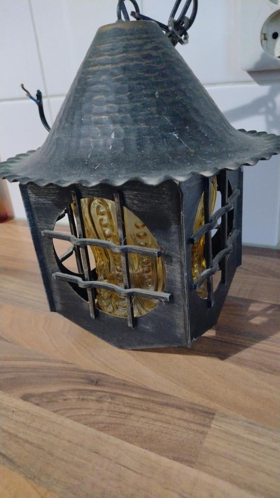 Antieke rustieke lantaarn lamp met geribbeld glas, Ophalen of Verzenden