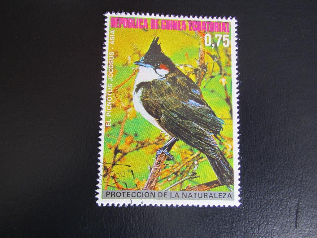 Postzegel Vogel: Roodoor-Buulbuul uit Guinea-Equatoriaal, Ophalen of Verzenden, Gestempeld, Dier of Natuur