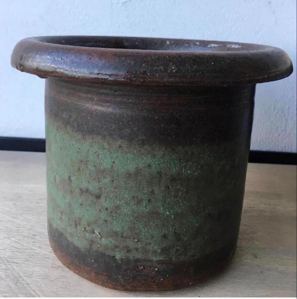 Vintage jaren '50 bloempot bruin/groen 15/20cm uniek, Ophalen, Rond, Binnen, Zo goed als nieuw