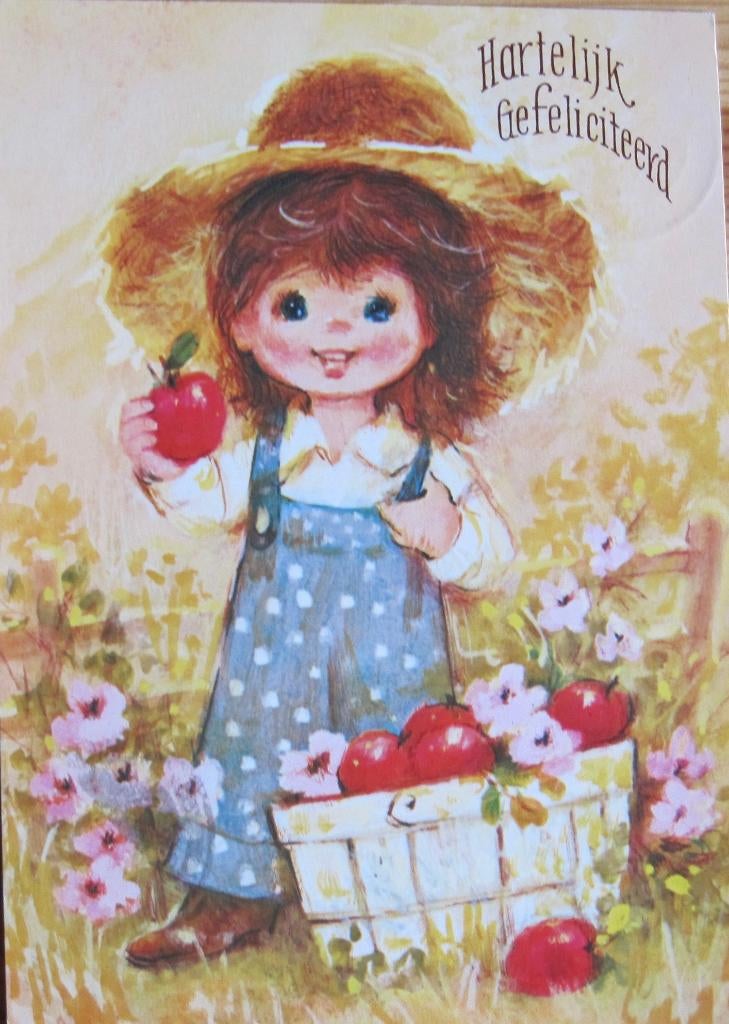 hartelijk gefeliciteerd - meisje met mand met appels - 1980, Verzenden, 1960 tot 1980, Gelopen, Kinderen