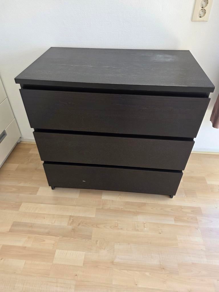 Donkerbruine ladekast met 3 lades, Huis en Inrichting, Kasten | Ladekasten, Gebruikt, 3 of 4 laden, Minder dan 100 cm, 25 tot 50 cm