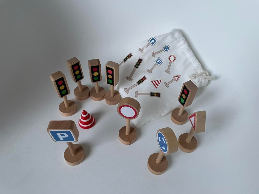 houten verkeersborden verkeerslichten en één pion, in zakje, Ophalen of Verzenden, Gebruikt, Overige typen