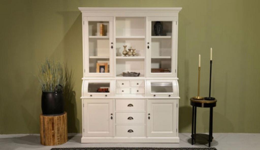 Witte buffetkast met vitrine en lades 150 cm, Ophalen, Gebruikt, 100 tot 150 cm, 5 laden of meer