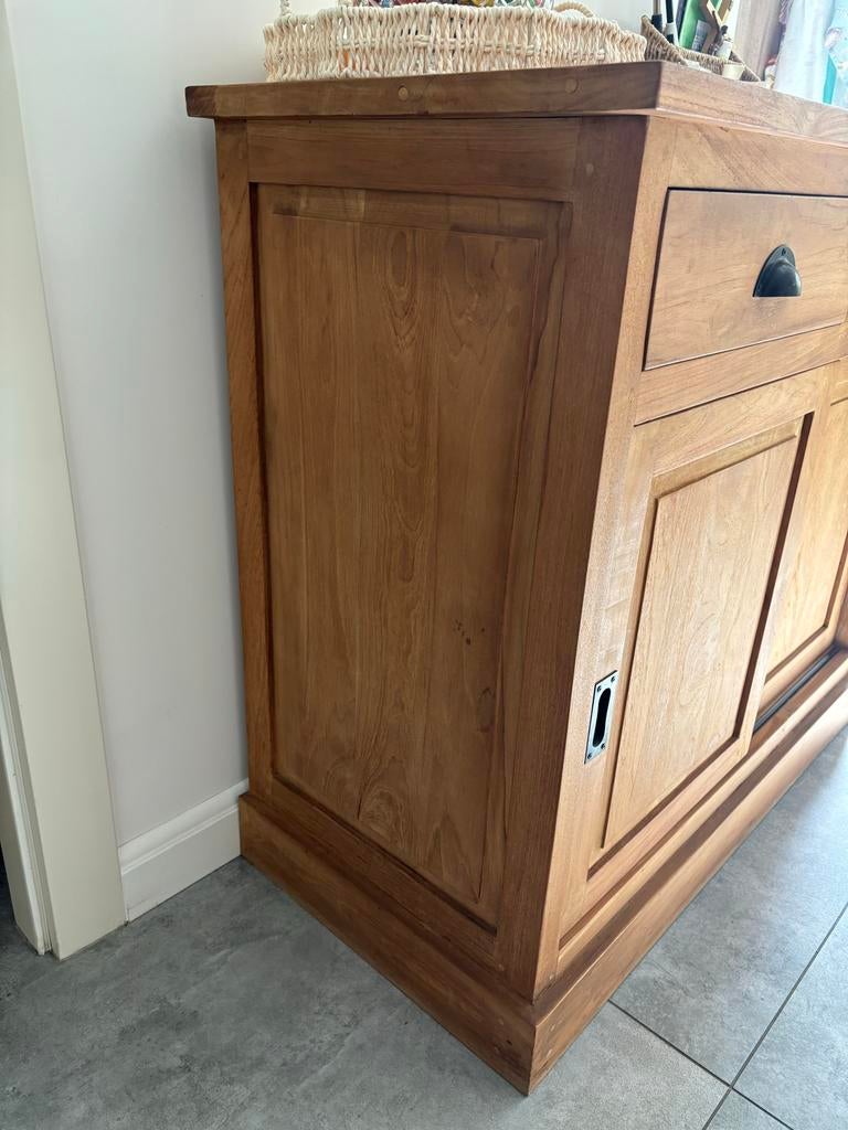 Teak dressoir met lades en schuifdeuren, Gebruikt, 100 tot 150 cm, Teakhout, Ophalen of Verzenden