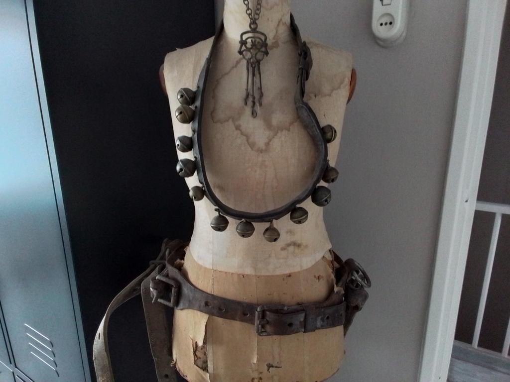 Oude leren bellenband en leren veeriem, Antiek en Kunst, Curiosa en Brocante, Ophalen of Verzenden