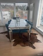 Barok glazen tafel met vier petrol stoelen, Gebruikt, 100 tot 150 cm, Ophalen of Verzenden, Glas