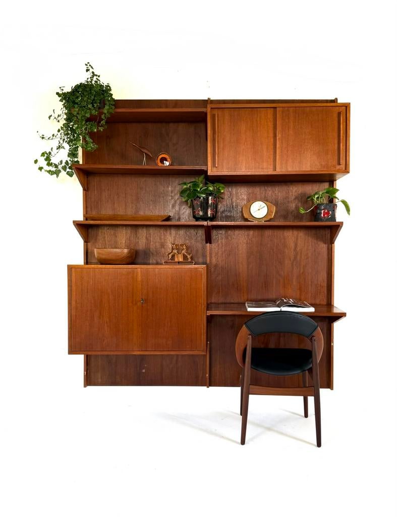Vintage modulair teakhouten wandsysteem ‘60, Huis en Inrichting, Kasten | Wandmeubels, Teakhout, 200 cm of meer, 150 tot 200 cm