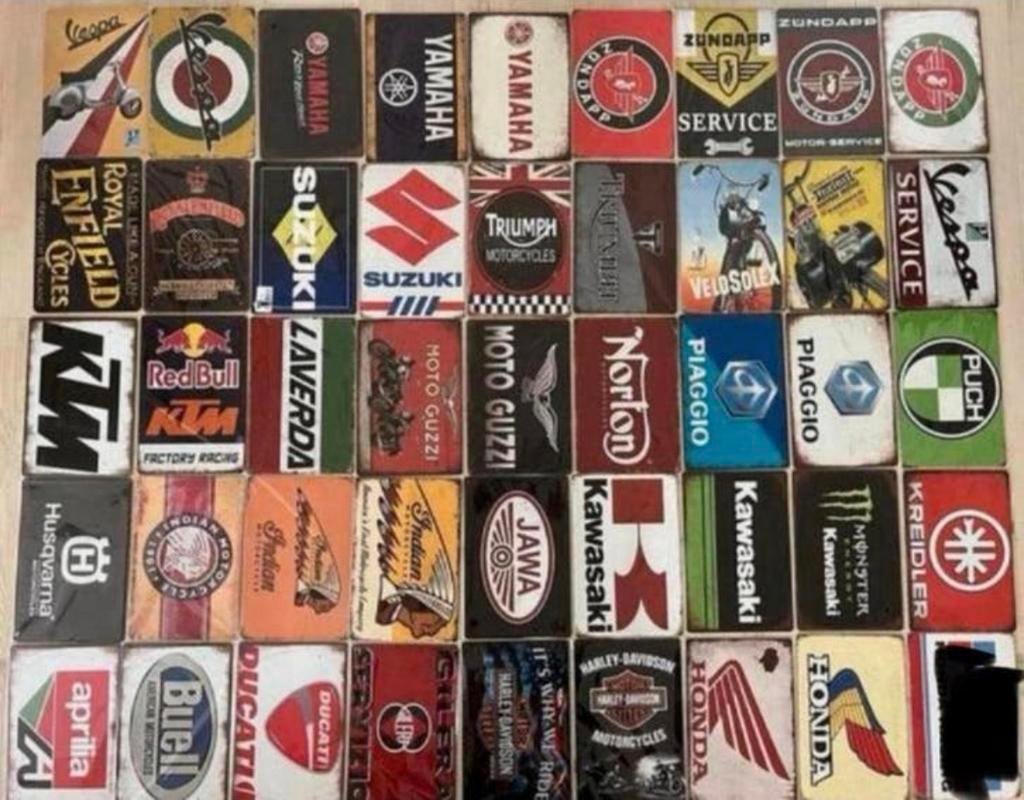 Metalen wandbord motoren 20x30 cm. Prijs is per st. 3voor21€, Ophalen of Verzenden, Zo goed als nieuw, Reclamebord