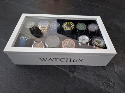 Te koop: 12 horloges in houten horloge box, Sieraden, Tassen en Uiterlijk, Horloges | Heren, Gebruikt, Polshorloge, Overige merken
