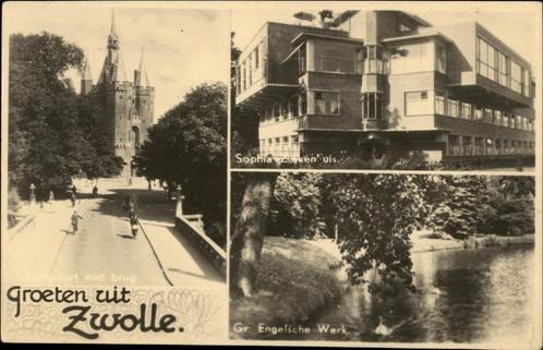 Zwolle, groeten uit, 3-luik, o.a. Sophia Ziekenhuis (ca1950), Verzamelen, Ansichtkaarten | Nederland, Ongelopen, Overijssel, 1940 tot 1960