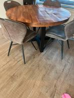 Eetkamer tafel 150 rond massief houten blad stalen frame, Massief houten blad zwart stalen onder frame, 150 tot 200 cm, Rond, Zo goed als nieuw