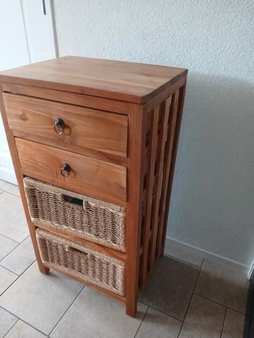 Teak houten kastje 2x lade en 2x mand, 50x40x93cm beschikbaar voor biedingen