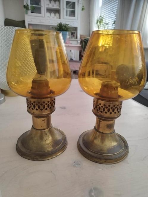 2 antieke koperen kaarsen standaards/ kandelaars, Huis en Inrichting, Woonaccessoires | Kandelaars en Kaarsen, Gebruikt, Minder dan 25 cm