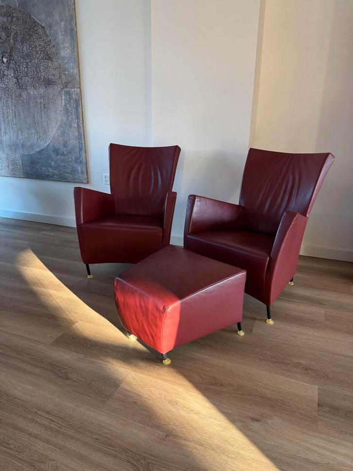 Montis Windy fauteuils + hocker - bordeaux rood, Huis en Inrichting, Fauteuils, Zo goed als nieuw, Leer, 75 tot 100 cm, Ophalen