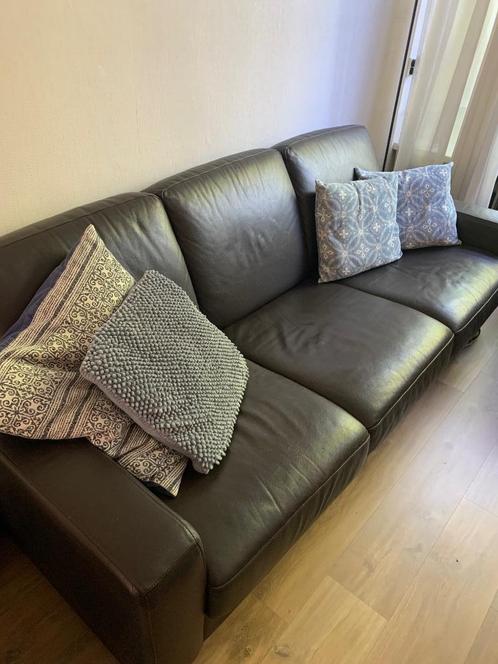 Donkerbruine leren bank, Huis en Inrichting, Banken | Bankstellen, Gebruikt, Rechte bank, Driepersoons, 200 tot 250 cm, 75 tot 100 cm