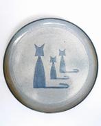 Grote vintage 60s 70s schaal bord keramiek kat katten blauw, Verzenden