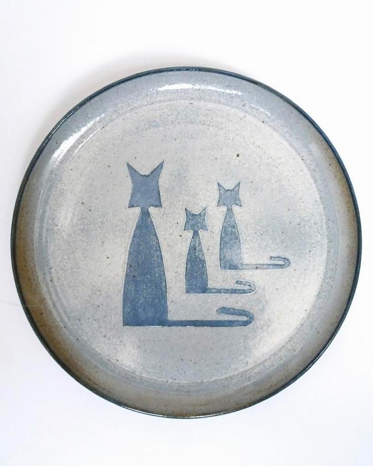 Grote vintage 60s 70s schaal bord keramiek kat katten blauw, Antiek en Kunst, Antiek | Keramiek en Aardewerk, Verzenden