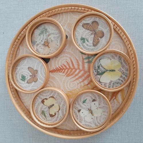 Vintage dienblad & onderzetters met vlinders / kant, Huis en Inrichting, Woonaccessoires | Onderzetters, Zo goed als nieuw, Glas of Kopje