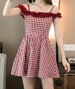 ruffle summer kraag uitgehold rode geruite mini jurk maat XS, Nieuw, Maat 34 (XS) of kleiner, Verzenden, Rood