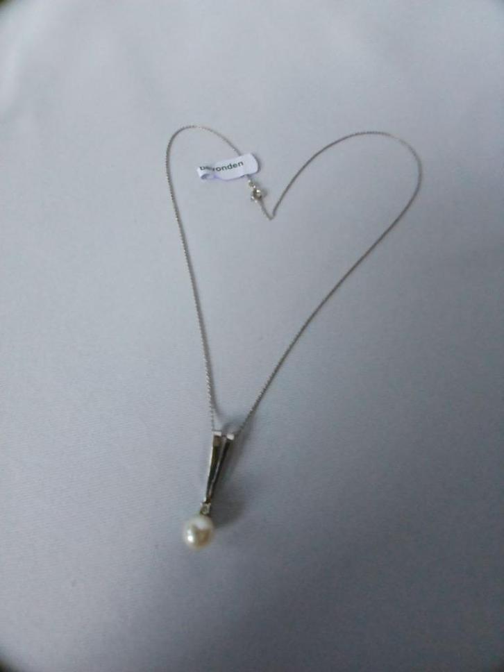14 karaat witgoud, set van ketting met parel en ring., Sieraden, Tassen en Uiterlijk, Kettingen, Zo goed als nieuw, Goud, Wit