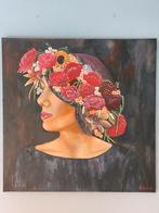 Prachtige kunstwerk, vrouw met bloemenkrans, Ophalen of Verzenden