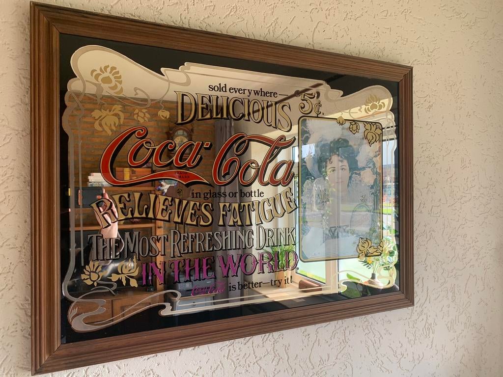 Coca cola spiegel, Antiek en Kunst, Antiek | Spiegels, Ophalen, Rechthoekig, 50 tot 100 cm