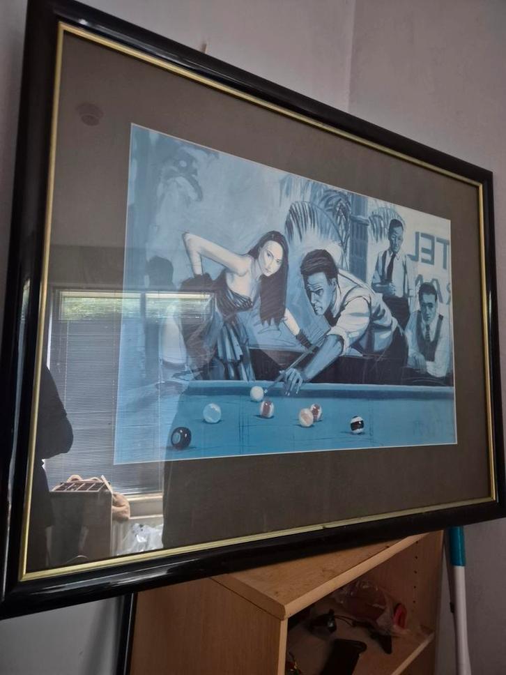 Ingelijste Prent Pooltafel Scène, Antiek en Kunst, Kunst | Schilderijen | Klassiek, Ophalen of Verzenden