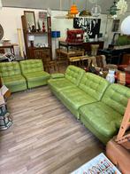Vintage modulaire groen leren bank jaren 70, Ophalen, Gebruikt, 300 cm of meer, Rechte bank