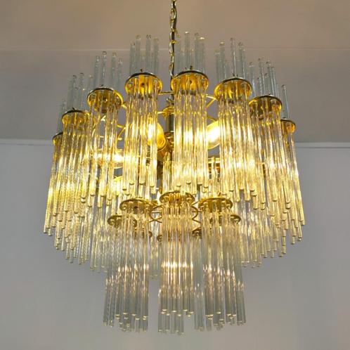 Sciolari kroonluchter glas met messing XL mid century 70's, Huis en Inrichting, Lampen | Kroonluchters, Gebruikt, Glas, Metaal