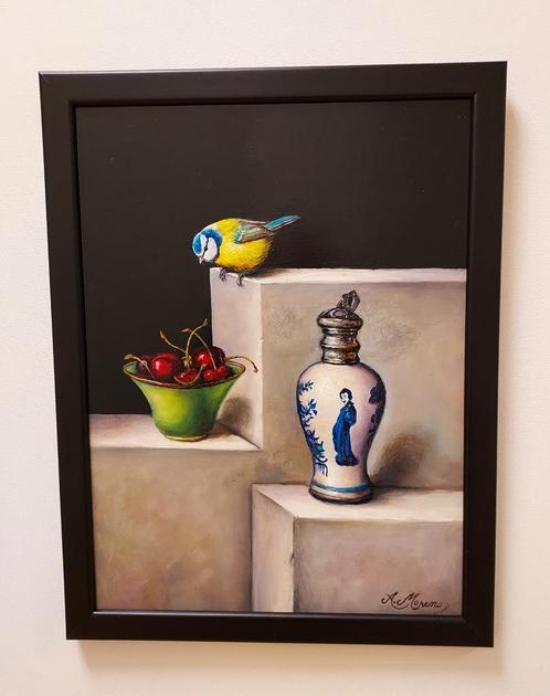 Alfonso Moreno-Stilleven met Pimpelmeesje, Antiek en Kunst, Kunst | Schilderijen | Klassiek, Ophalen of Verzenden