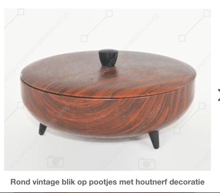 Vintage Blik op Pootjes Houtnerf pallisander, Jaren koekblik, Verzamelen, Blikken, Gebruikt, Koek(jes), Overige merken, Ophalen of Verzenden