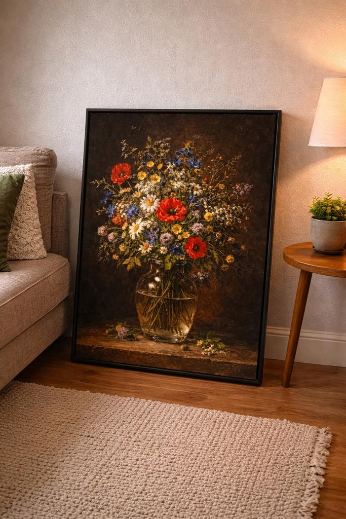 Bloemen Stilleven Canvas 60x90 cm– Klassiek met Zwarte Lijst, Ophalen of Verzenden