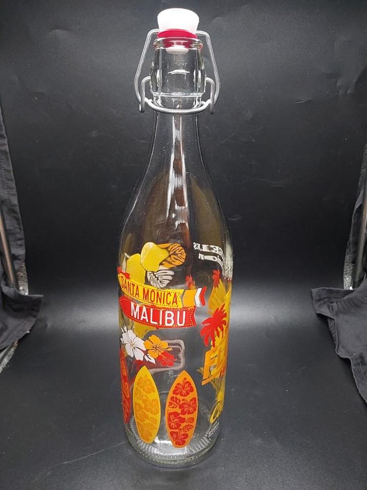 Vintage beugelfles met zomerse surf decoratie, Huis en Inrichting, Keuken | Keukenbenodigdheden, Gebruikt, Ophalen of Verzenden