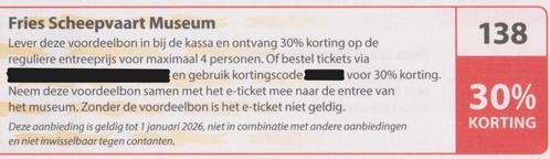 Fries Scheepvaart Museum, Sneek 30% korting Postcode bon 138, Tickets en Kaartjes, Musea, Drie personen of meer, Kortingskaart
