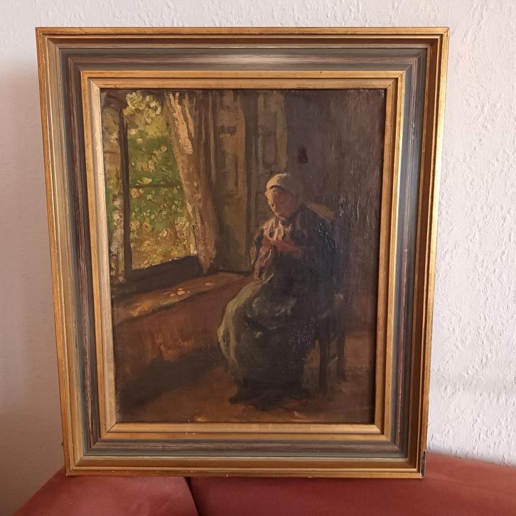 Naaister bij het raam, klassiek Hollands olieverf op doek, Antiek en Kunst, Kunst | Schilderijen | Klassiek, Ophalen of Verzenden