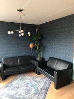 Zwart leren bankstel, Huis en Inrichting, Ophalen, Gebruikt