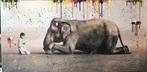 Olifant en kind- Katoenen canvasdoek- Mixed Media-70x140cm, Ophalen of Verzenden
