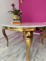 Elegante marmeren eettafel met gouden accenten, Ophalen, 100 tot 150 cm, Rond, 200 cm of meer