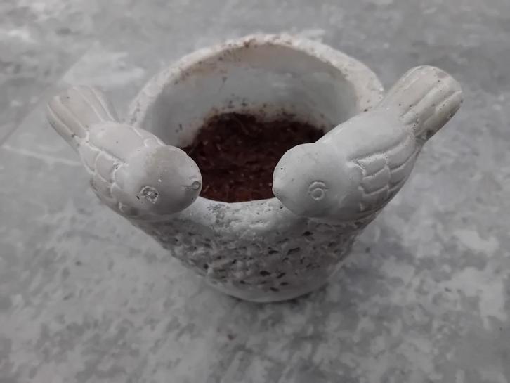 Bloempotje met Musjes - Lichtgrijs Aardewerk, Huis en Inrichting, Woonaccessoires | Schalen en Manden, Zo goed als nieuw, Rond