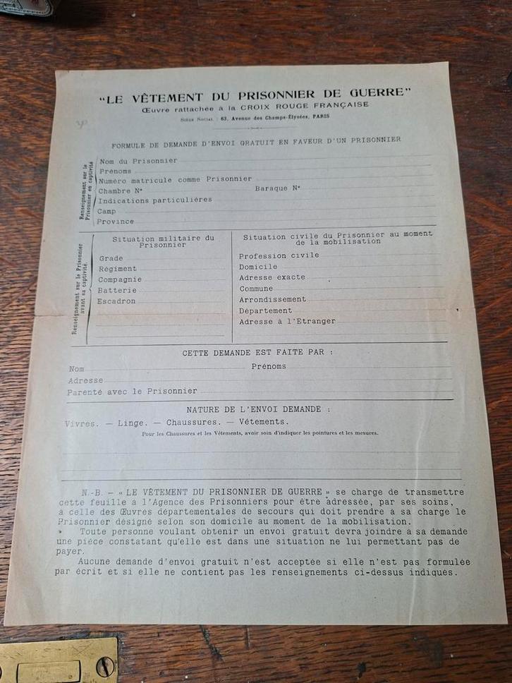 WO1 Document Krijgsgevangenen Hulp wo1 ww1, Verzamelen, Militaria | Algemeen, Overige soorten, Overige typen, Overige gebieden